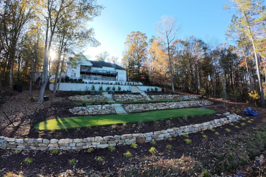 Finished backyard and retaining walls in the Pappas project