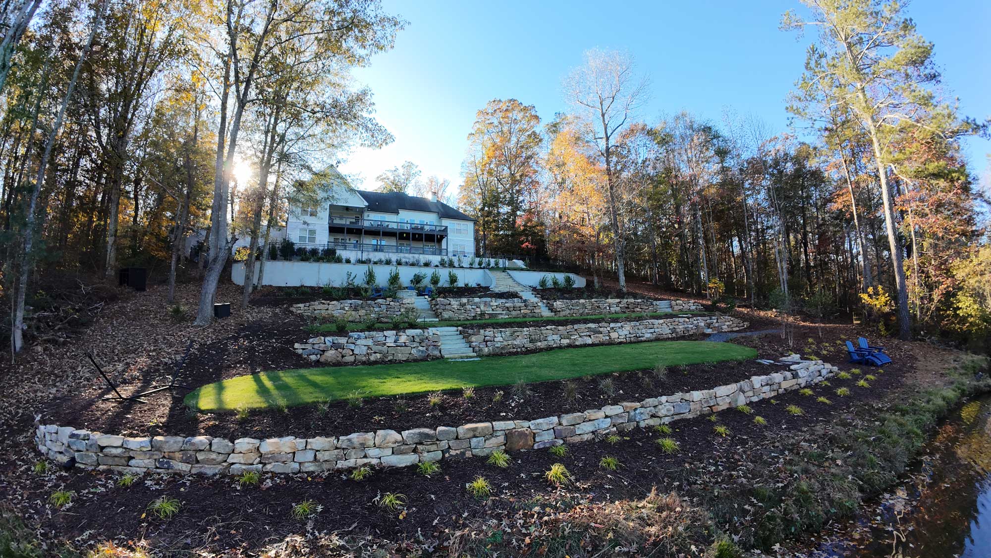 Finished backyard and retaining walls in the Pappas project